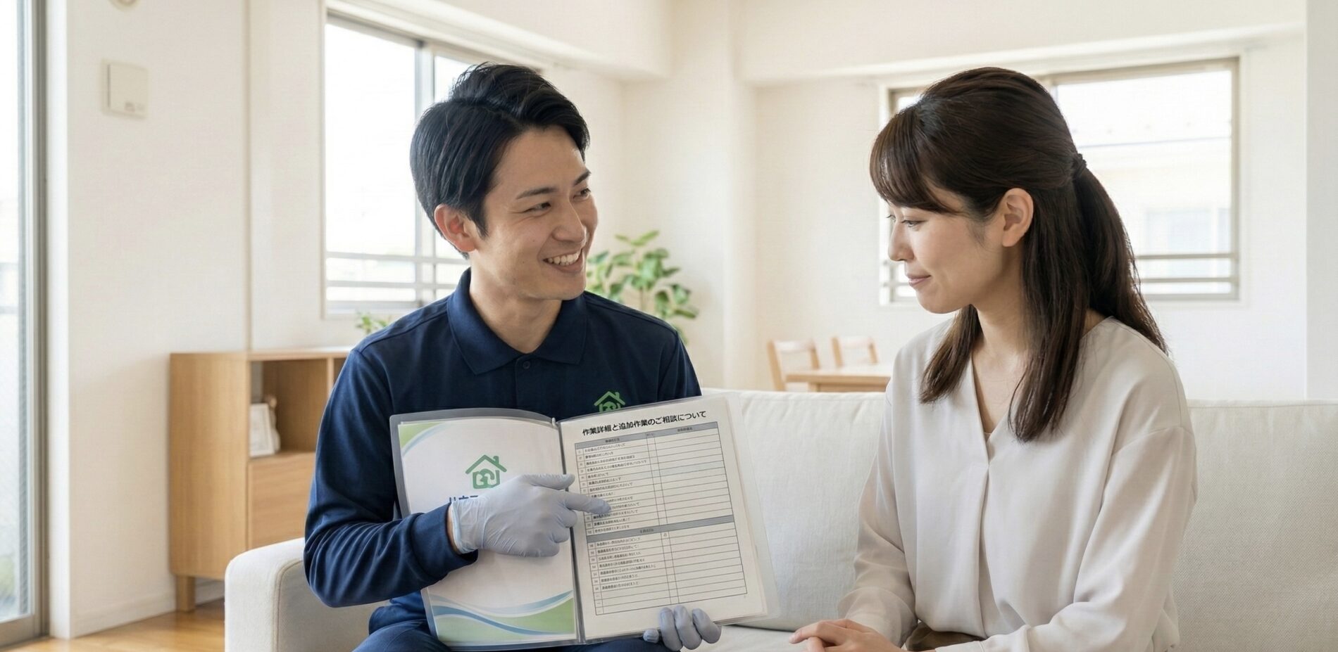 リビングのソファに座り、ハウスクリーニングのスタッフから説明を受ける女性。紺色のユニフォームを着た笑顔の男性スタッフが、作業詳細や追加作業の相談に関するチェックリストを提示しながら、指をさして丁寧に説明している。