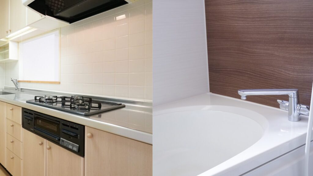 ハウスクリーニングで綺麗になったキッチンコンロ周りと、清潔な浴室の浴槽・水栓の比較写真。