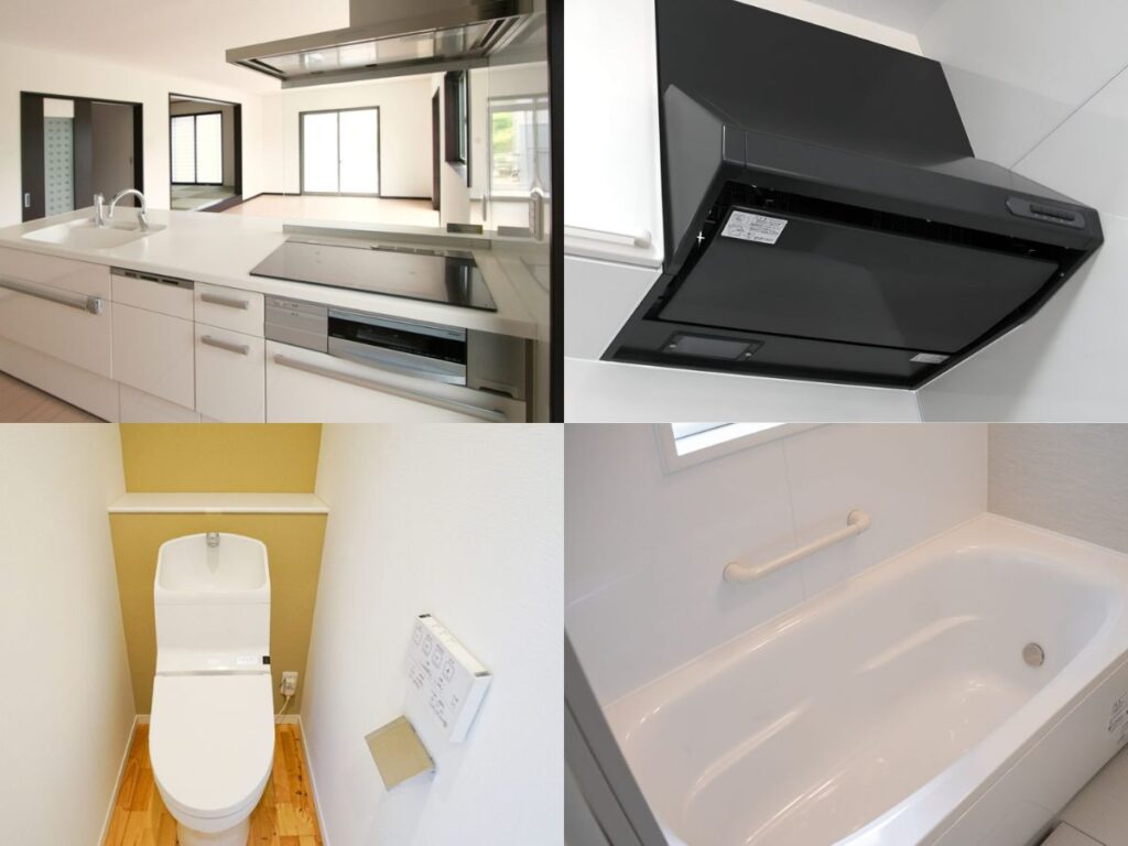 ハウスクリーニングで清掃されたキッチン、レンジフード、トイレ、浴室の4枚の比較写真。