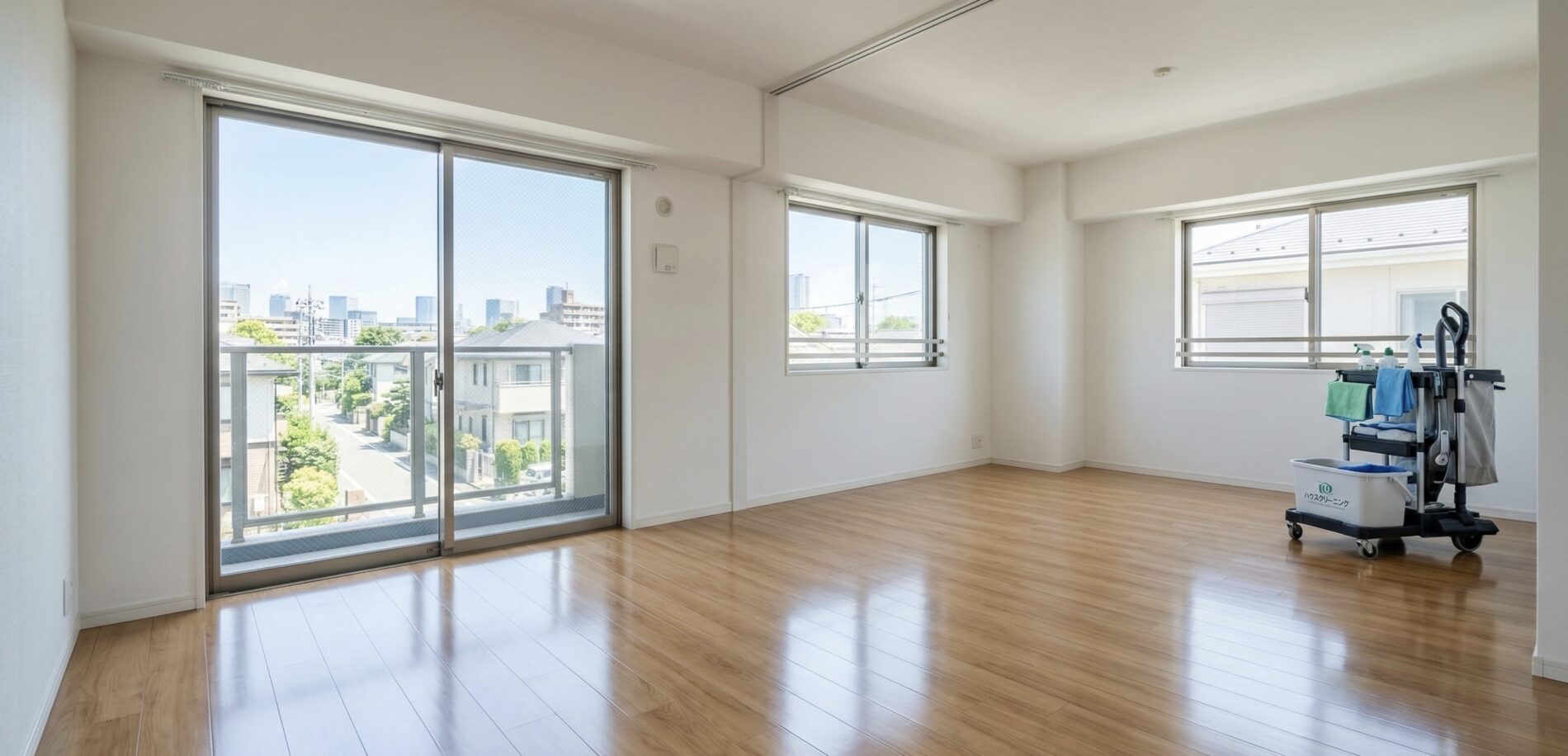 明るく広々とした、クリーニング済みの空室の様子。光沢のある木目調のフローリングが特徴的で、大きな掃き出し窓からはベランダ越しに住宅街と遠くのビル群が見える。部屋の隅には、掃除用具を積んだ清掃用カートが置かれている。